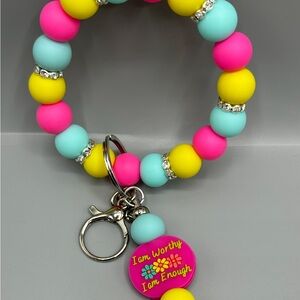 I am Worthy Silicone Beaded Wristlet, Hands Free Bracelet, Floral, Motivational